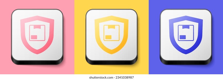 Isometric Delivery security with shield icon isolated on pink, yellow and blue background. Delivery insurance. Insured cardboard boxes beyond the shield. Square button. Vector