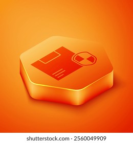 Isometric Delivery security with shield icon isolated on orange background. Delivery insurance. Insured cardboard boxes beyond the shield. Orange hexagon button. Vector Illustration