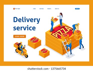 Isometric delivery service collects the order, the girl on the bike carries a pizza. Template Landing page.