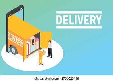 Isometric delivery service concept, Delivery truck coming out of the smart phone, Courier in Standing and Holding Parcel Box to the receiver.