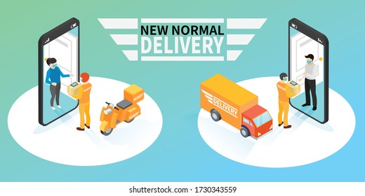 Isometric delivery service concept, Wearing protective mask, Courier in Standing near Door and Holding Parcel Box.