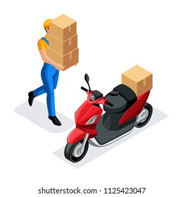 Isometric delivery service courier carries boxes to the scooter, fast delivery of orders, round the clock work, the courier bears the parcel.