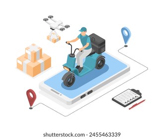 Isometric delivery service. Courier on scooter with parcels. Drone transports boxes, post worker and smartphone. Logistic flawless vector concept