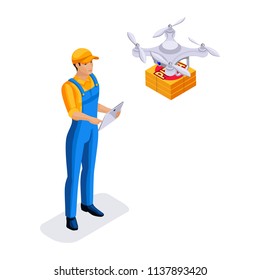 Isometric delivery service courier sends boxes on drone quadrocopter, fast delivery of orders, round-the-clock work, courier bears the parcel.