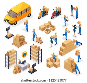 Isometric delivery service, couriers, warehouse workers, round-the-clock work, a large set of symbols for creating vector illustrations.