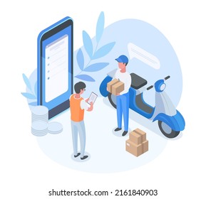 Isometric delivery service, deliveryman shipping parcel, online logistic concept. Courier bring package to customer vector background illustration. Delivery mobile app