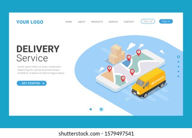 Isometric delivery service landing page template design concept vector illustration