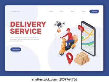 Isometric delivery service landing page, online shopping. Drone delivering packages, courier on scooter. Food delivery concept vector web banner. Shipping mobile application with map