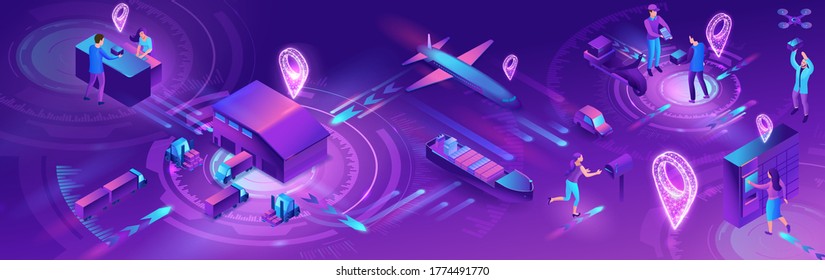 Isometric delivery service with truck, horizontal banner, smart logistics company illustration, artificial intelligence managing transport system, robot watching screen with map, airplane, car