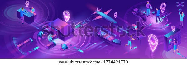 Isometric delivery service with truck, horizontal
banner, smart logistics company illustration, artificial
intelligence managing transport system, robot watching screen with
map, airplane, car