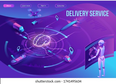 Isometric delivery service with truck, smart logistics company illustration, artificial intelligence managing transport system, robot watching screen with map, airplane, car, landing page template