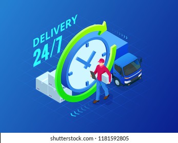 Isometric Delivery Service. Delivery Van And Package Man. Flat Style Vector Illustration.