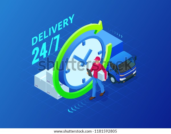 Isometric delivery service. Delivery van\
and package man. Flat style vector\
illustration.