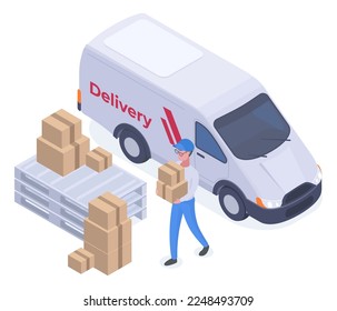 Trabajador de servicio de entrega isométrico. Carácter de mensajero con camión de carga, mensajero de servicio de envío transportando paquetes ilustración vectorial plana sobre fondo blanco