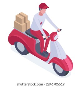 Isometric delivery service worker driving scooter. Male courier receiving parcels drive motor scooter flat vector illustration isolated on white background