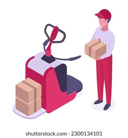 Isometric delivery service worker. Logistic and warehouse worker with forklift carrying parcels flat vector illustration on white background