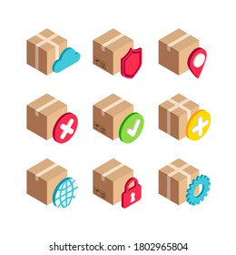 Isometric Delivery Services box icon set. 3d security, map pointer, settings, world, done and cancel symbols with cardboard box. Vector signs for design, infographics, web, mobile app, social media.