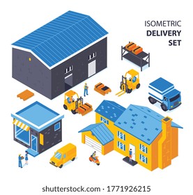Isometric delivery set with view of warehouse vehicles and buildings with stores living houses and text vector illustration