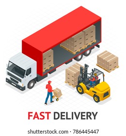 Isometric delivery and shipment service. Fast and Free Transport. Pallet with boxes and delivery process in store vector illustration.