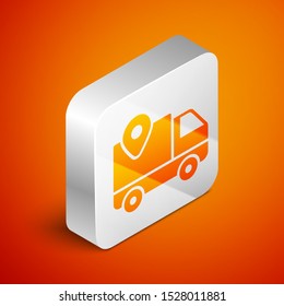 Isometric Delivery tracking icon isolated on orange background. Parcel tracking. Silver square button. Vector Illustration