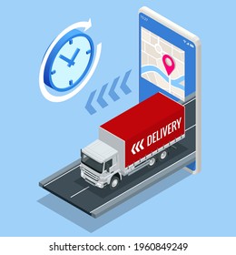 Isometric Delivery truck with cardboard box, mobile phone. Delivery service via modern technology. Tracking system. Mobile App.