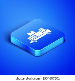 Isometric Delivery truck with cardboard boxes behind icon isolated on blue background. Blue square button. Vector Illustration