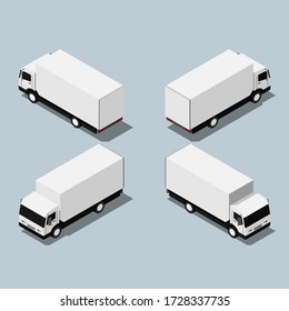 Isometric delivery truck front and back view flat vector illustration.