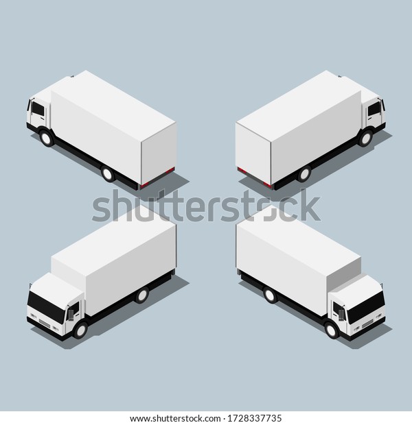 Isometric delivery truck front and back\
view flat vector\
illustration.