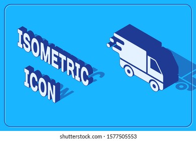 Isometric Delivery truck in movement icon isolated on blue background. Fast shipping delivery truck.  Vector Illustration