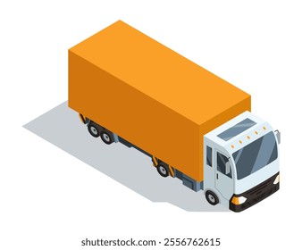 An Isometric Delivery Truck showcasing Orange Cargo in a bustling urban city setting