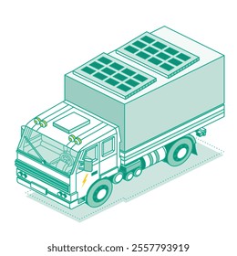 Isometric delivery truck with solar panels on the roof. Automobile on renewable sun energy. Electric vehicle with photovoltaic elements. Hybrid truck. Vector illustration. White background.