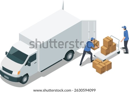 Isometric delivery truck with workers and packages