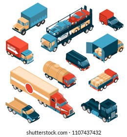 Isometric delivery trucks set of isolated images with motor lorry cars and vehicles for different freights vector illustration