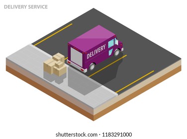 Isometric delivery van. Cargo truck transportation, box on route, Fast delivery logistic 3d carrier transport, vector isometry city freight car, infographic loading goods. Low poly style vehicle truck