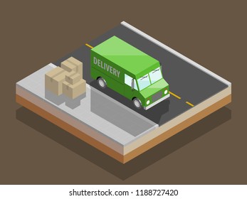 Isometric delivery van. Cargo truck transportation, box on route, Fast delivery logistic 3d carrier transport, vector isometry city freight car, infographic loading goods. Low poly style vehicle truck