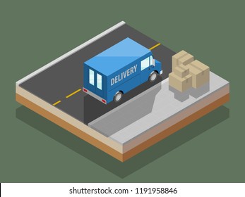 Isometric delivery van. Cargo truck transportation, box on route, Fast delivery logistic 3d carrier transport, vector isometry city freight car, infographic loading goods. Low poly style vehicle truck