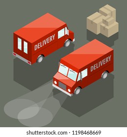 Isometric delivery van. Cargo truck transportation, box on route, Fast delivery logistic 3d carrier transport, vector isometry city freight car, infographic loading goods. Low poly style vehicle truck