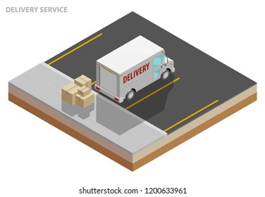 Isometric delivery van. Cargo truck transportation, box on route, Fast delivery logistic 3d carrier transport, vector isometry city freight car, infographic loading goods. Low poly style vehicle truck