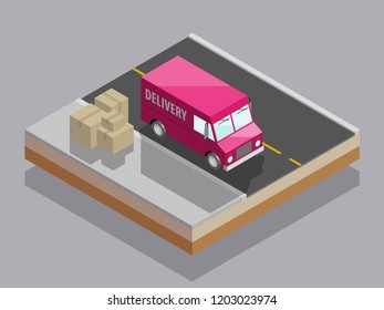 Isometric delivery van. Cargo truck transportation, box on route, Fast delivery logistic 3d carrier transport, vector isometry city freight car, infographic loading goods. Low poly style vehicle truck