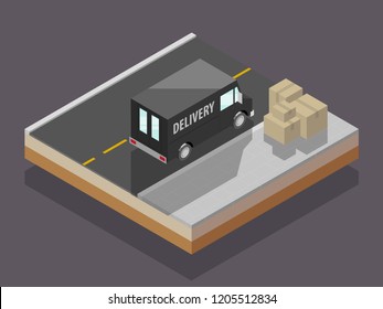 Isometric delivery van. Cargo truck transportation, box on route, Fast delivery logistic 3d carrier transport, vector isometry city freight car, infographic loading goods. Low poly style vehicle truck