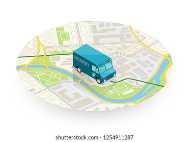 Isometric delivery van. Cargo truck transportation, box on route, Fast delivery logistic 3d carrier transport, vector isometry city freight car, infographic loading goods. Low poly style vehicle truck