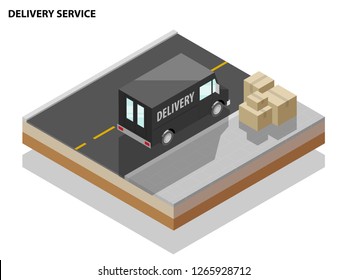 Isometric delivery van. Cargo truck transportation, box on route, Fast delivery logistic 3d carrier transport, vector isometry city freight car, infographic loading goods. Low poly style vehicle truck