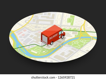 Isometric delivery van. Cargo truck transportation, box on route, Fast delivery logistic 3d carrier transport, vector isometry city freight car, infographic loading goods. Low poly style vehicle truck