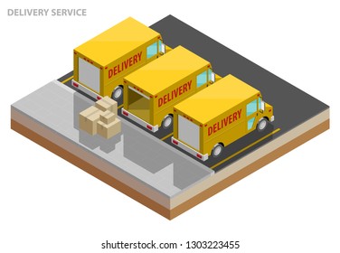 Isometric delivery van. Cargo truck transportation, box on route, Fast delivery logistic 3d carrier transport, vector isometry city freight car, infographic loading goods. Low poly style vehicle truck
