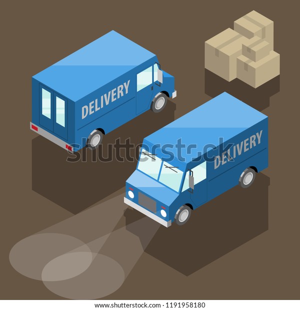 Isometric delivery van. Cargo truck transportation,\
box on route, Fast delivery logistic 3d carrier transport, vector\
isometry city freight car, infographic loading goods. Low poly\
style vehicle truck