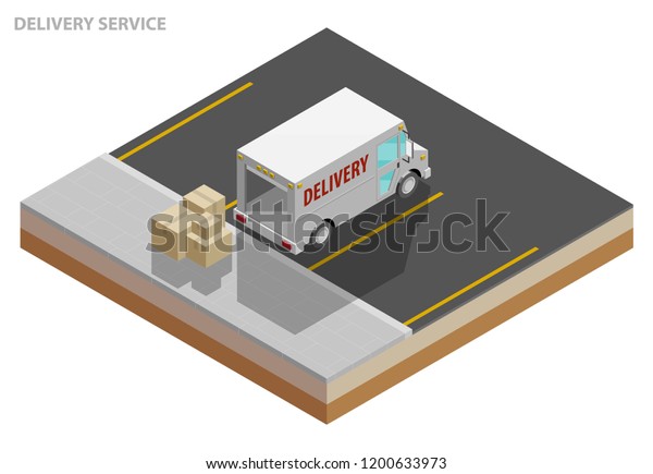 Isometric delivery van. Cargo truck transportation,
box on route, Fast delivery logistic 3d carrier transport, vector
isometry city freight car, infographic loading goods. Low poly
style vehicle truck