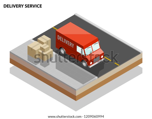 Isometric delivery van. Cargo truck transportation,
box on route, Fast delivery logistic 3d carrier transport, vector
isometry city freight car, infographic loading goods. Low poly
style vehicle truck
