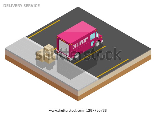 Isometric delivery van. Cargo truck transportation,\
box on route, Fast delivery logistic 3d carrier transport, vector\
isometry city freight car, infographic loading goods. Low poly\
style vehicle truck