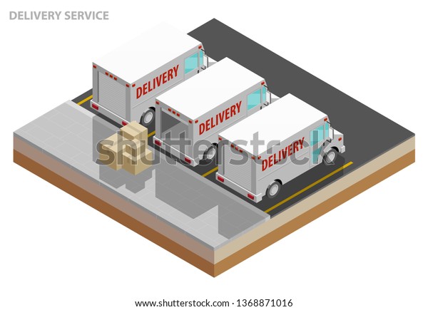 Isometric delivery van. Cargo truck transportation,\
box on route, Fast delivery logistic 3d carrier transport, vector\
isometry city freight car, infographic loading goods. Low poly\
style vehicle truck