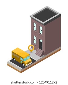 Isometric delivery van house. Cargo truck transportation route, Fast delivery logistic 3d carrier transport, vector isometry city freight car, infographic loading goods. Low poly style vehicle truck
